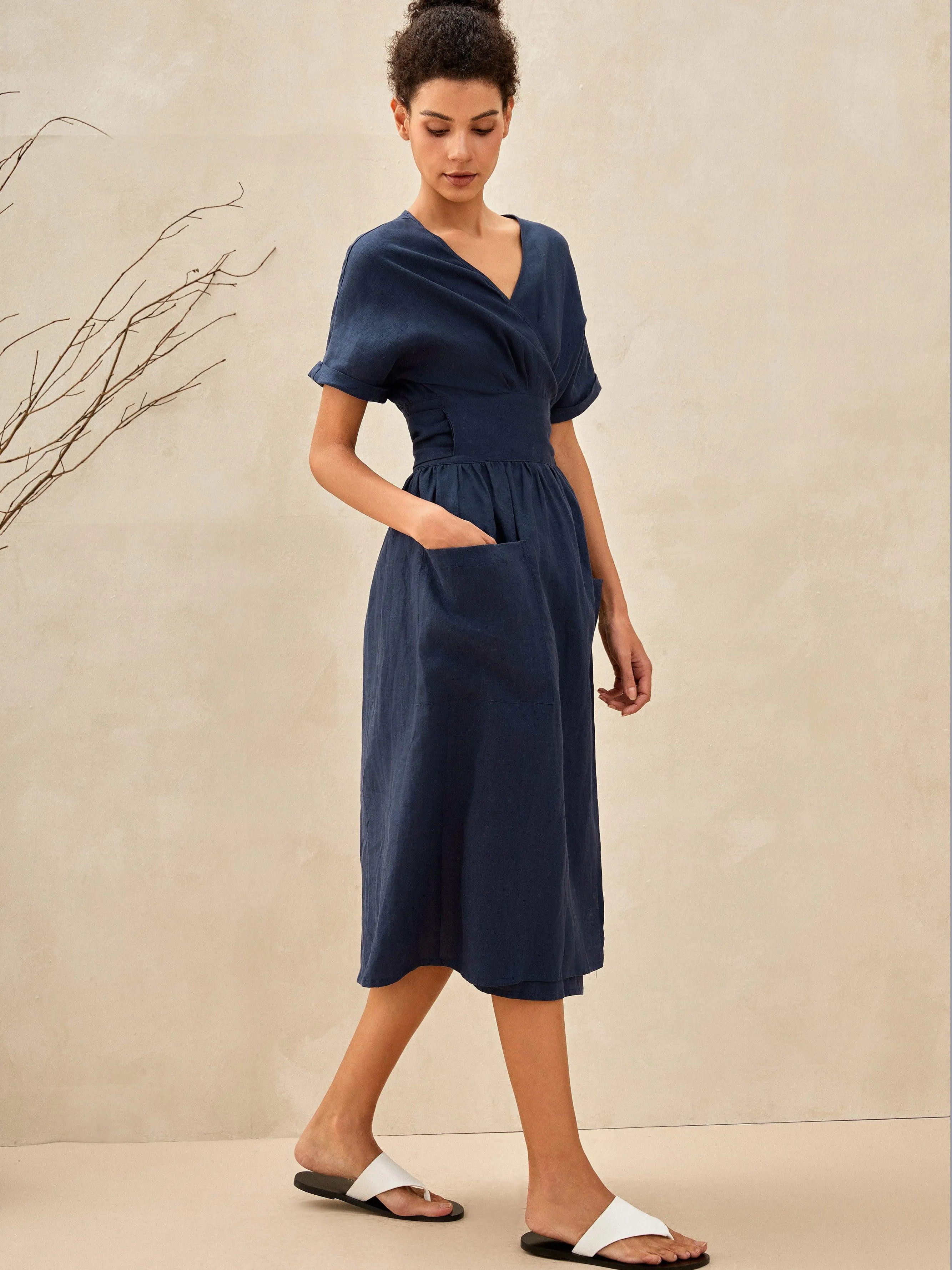 100% Linen Kimono Dress CELESTE - DRESSES-Linen Midi