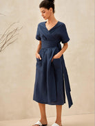 100% Linen Kimono Dress CELESTE - Navy Blue / S - DRESSES-Linen Midi