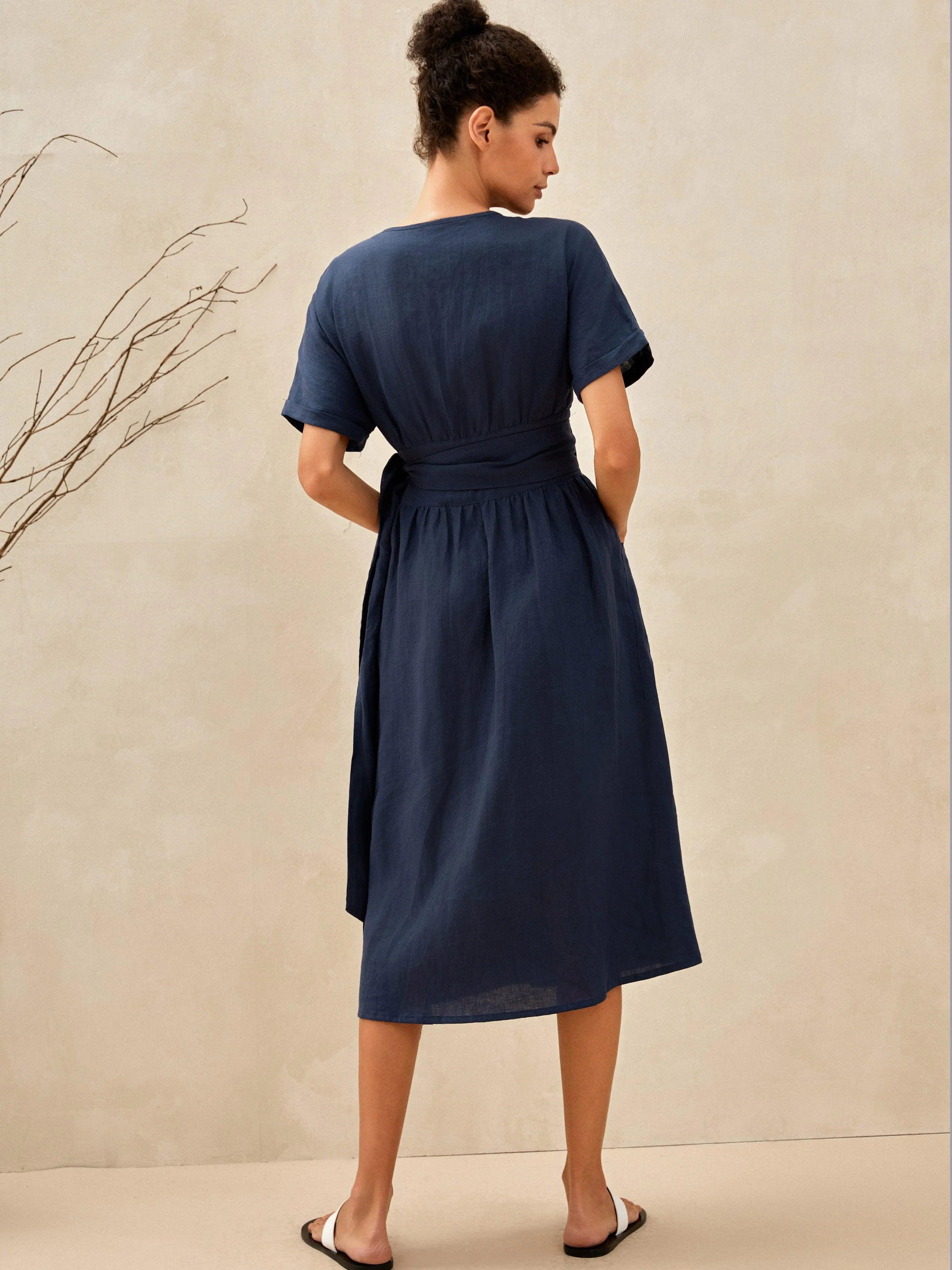 100% Linen Kimono Dress CELESTE - DRESSES-Linen Midi