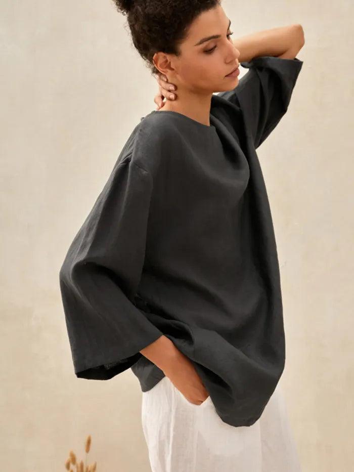 100% Linen Loose Long Shirt LILY - TOPS-Linen Tunics