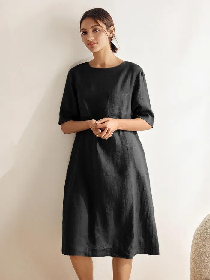 100% Linen Mid-Sleeve Maxi Dress GEORGINA - DRESSES-Linen