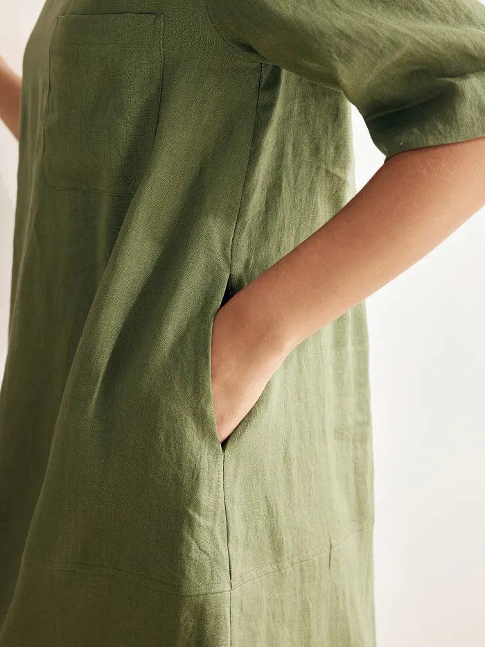 100% Linen Mid-Sleeve Maxi Dress GEORGINA - DRESSES-Linen