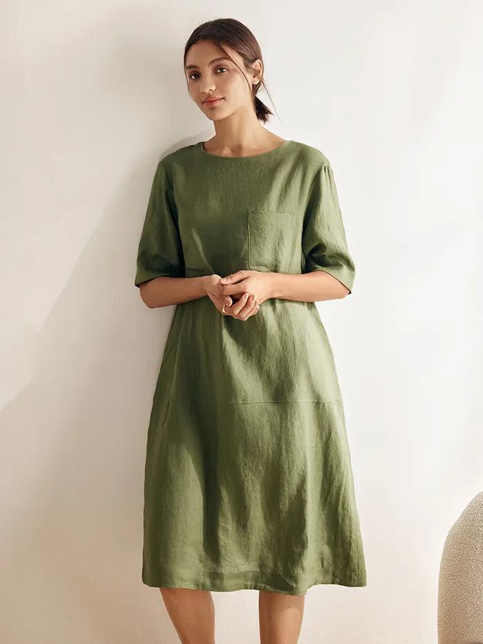 100% Linen Mid-Sleeve Maxi Dress GEORGINA - DRESSES-Linen