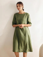 100% Linen Mid-Sleeve Maxi Dress GEORGINA - DRESSES-Linen