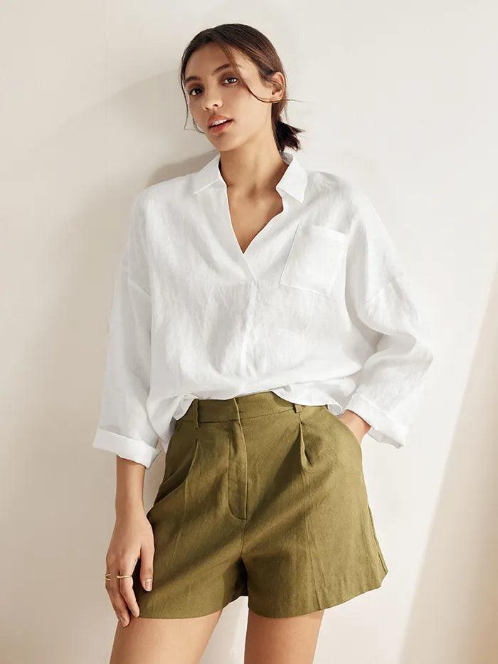 Linen Oversized Fit Pocket Shirt ELOWEN - TOPS-Linen Blouses