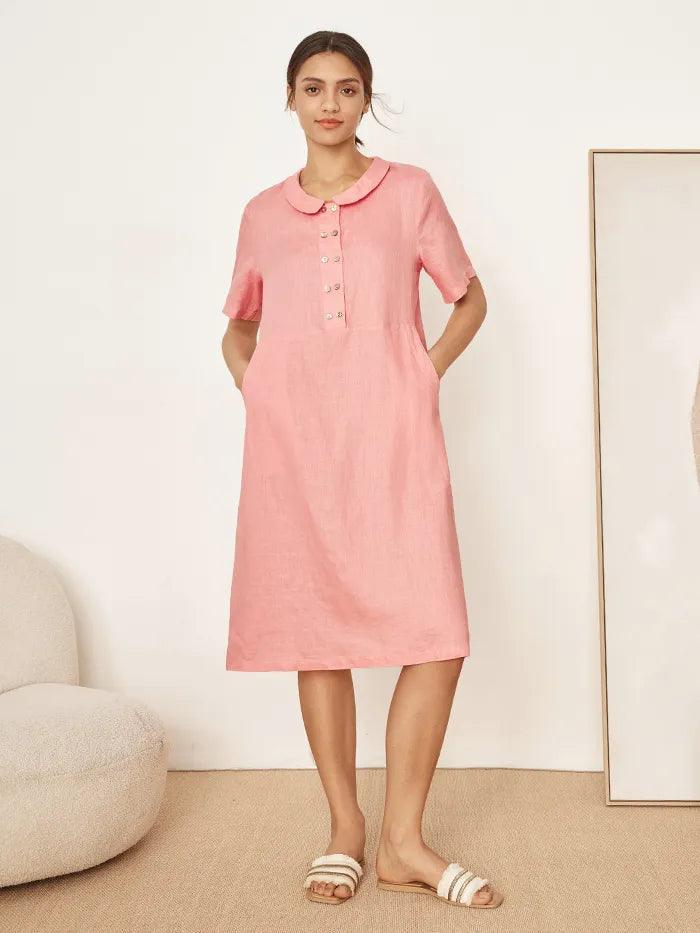 100% Linen Peter Pan Collar Dress KIKI - Pale Pink / S - DRESSES-Linen Midi