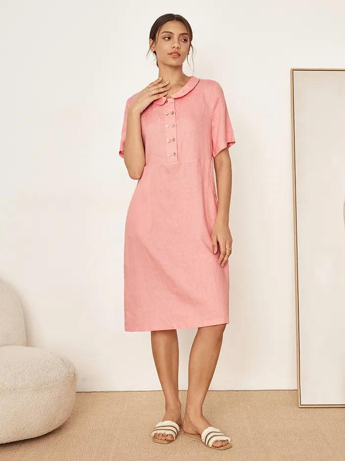 100% Linen Peter Pan Collar Dress KIKI - DRESSES-Linen Midi