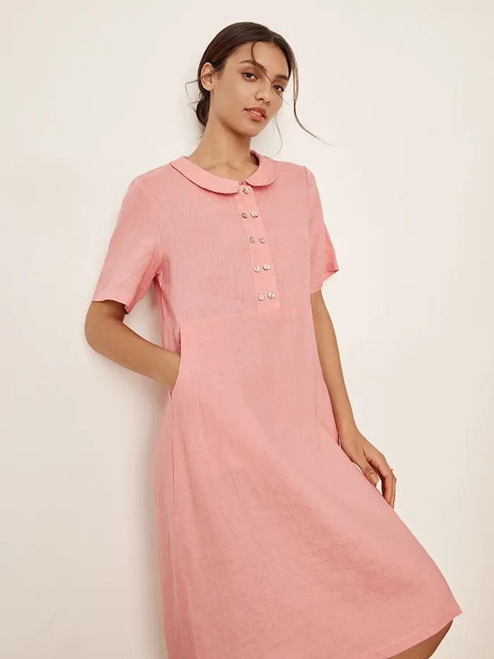 100% Linen Peter Pan Collar Dress KIKI - DRESSES-Linen Midi