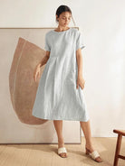 MORGAN 100% Linen Pinstripe Paneled Short-Sleeved Dress - DRESSES-Linen Midi