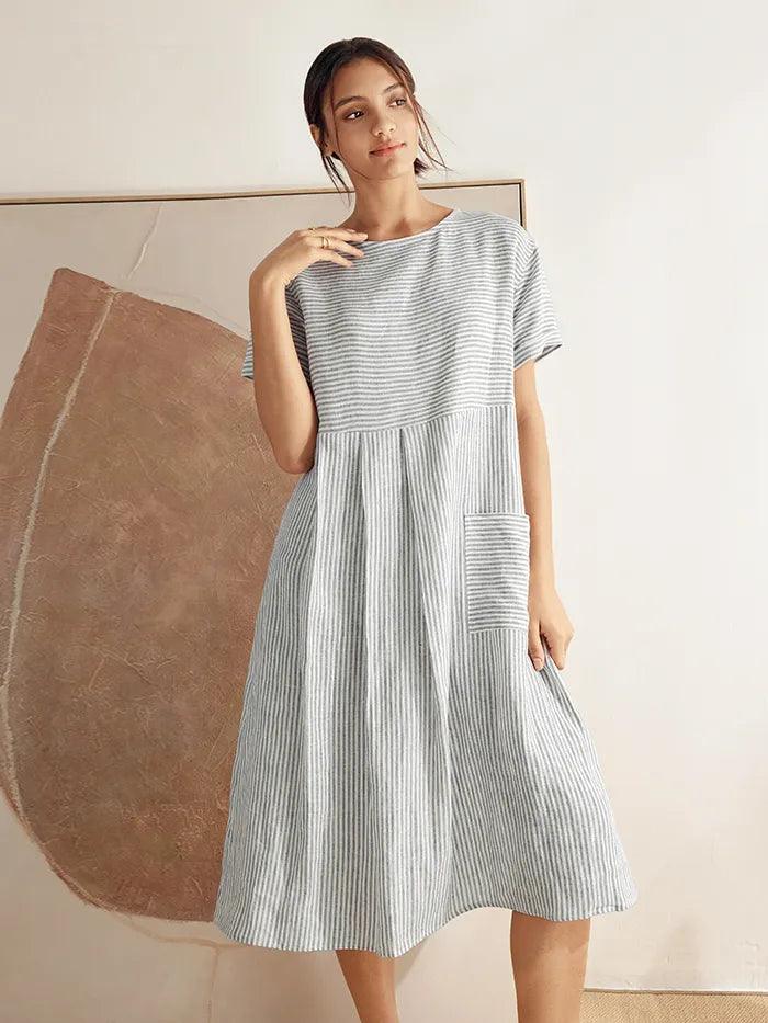 MORGAN 100% Linen Pinstripe Paneled Short-Sleeved Dress - DRESSES-Linen Midi
