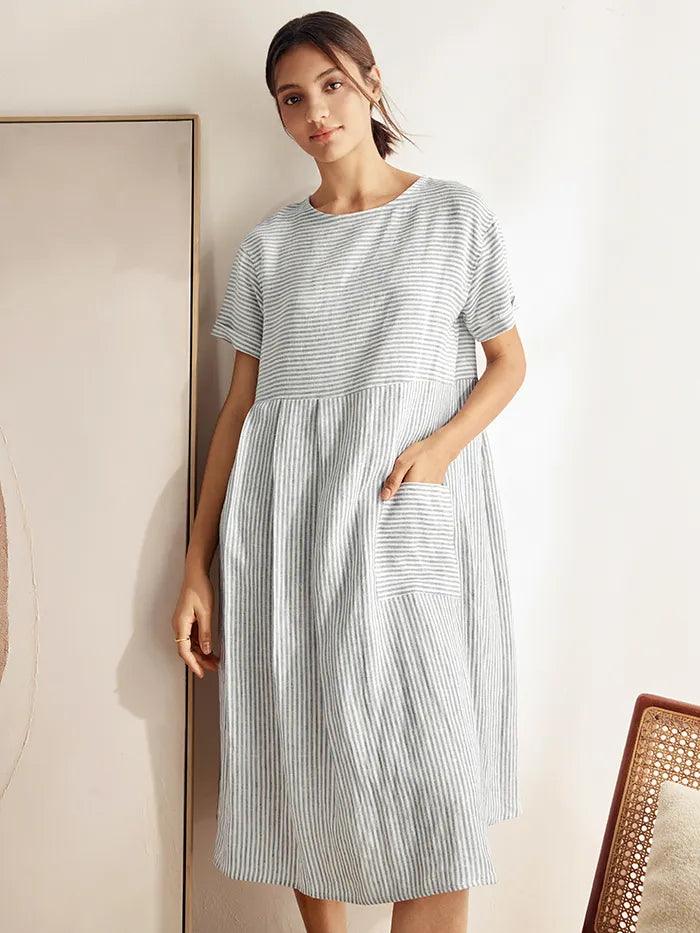 MORGAN 100% Linen Pinstripe Paneled Short-Sleeved Dress - DRESSES-Linen Midi