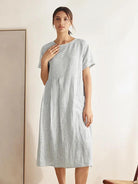 MORGAN 100% Linen Pinstripe Paneled Short-Sleeved Dress - Blue Stripe / S - DRESSES-Linen Midi