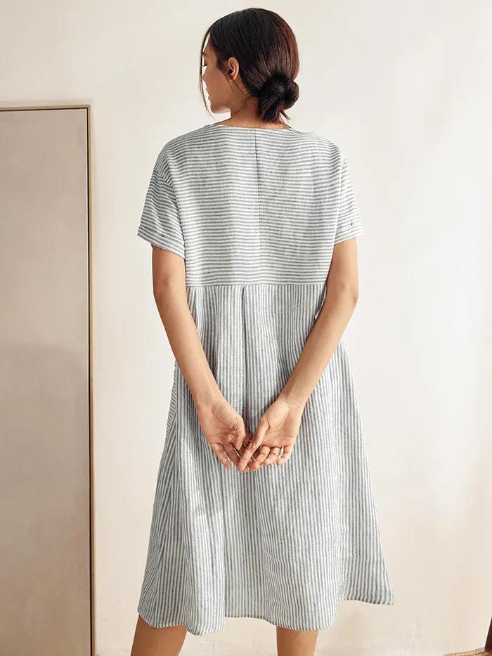 MORGAN 100% Linen Pinstripe Paneled Short-Sleeved Dress - DRESSES-Linen Midi