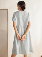 MORGAN 100% Linen Pinstripe Paneled Short-Sleeved Dress - DRESSES-Linen Midi