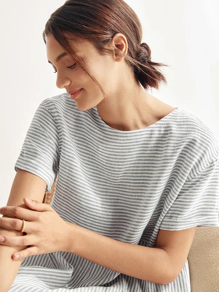 MORGAN 100% Linen Pinstripe Paneled Short-Sleeved Dress - DRESSES-Linen Midi