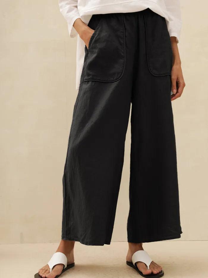 100% Linen Pocket Wide Leg Pants THALIA - Charcoal Black / S - BOTTOMS-Linen