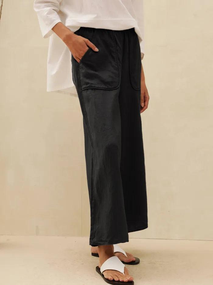 100% Linen Pocket Wide Leg Pants THALIA - BOTTOMS-Linen