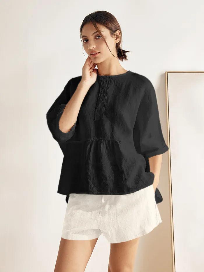 100% Linen Round Neck Mid-Sleeve Top ROBYN - Charcoal Black / S - TOPS-Linen Blouses