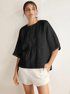 100% Linen Round Neck Mid-Sleeve Top ROBYN - TOPS-Linen Blouses