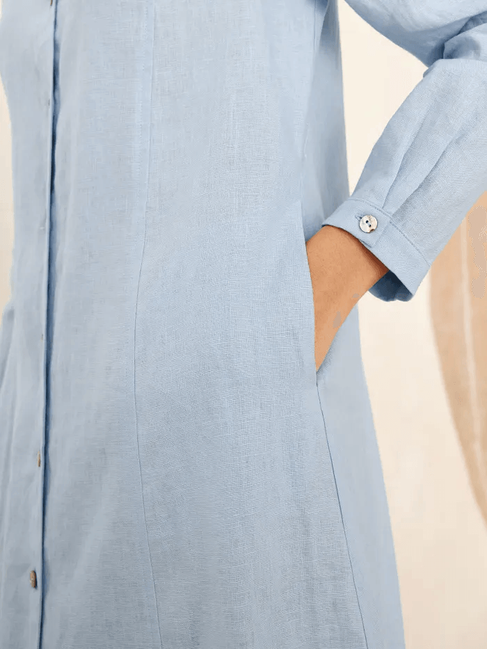 100% Linen Scoop Neck Half Placket Shirt Dress BELVA - DRESSES-Linen Midi