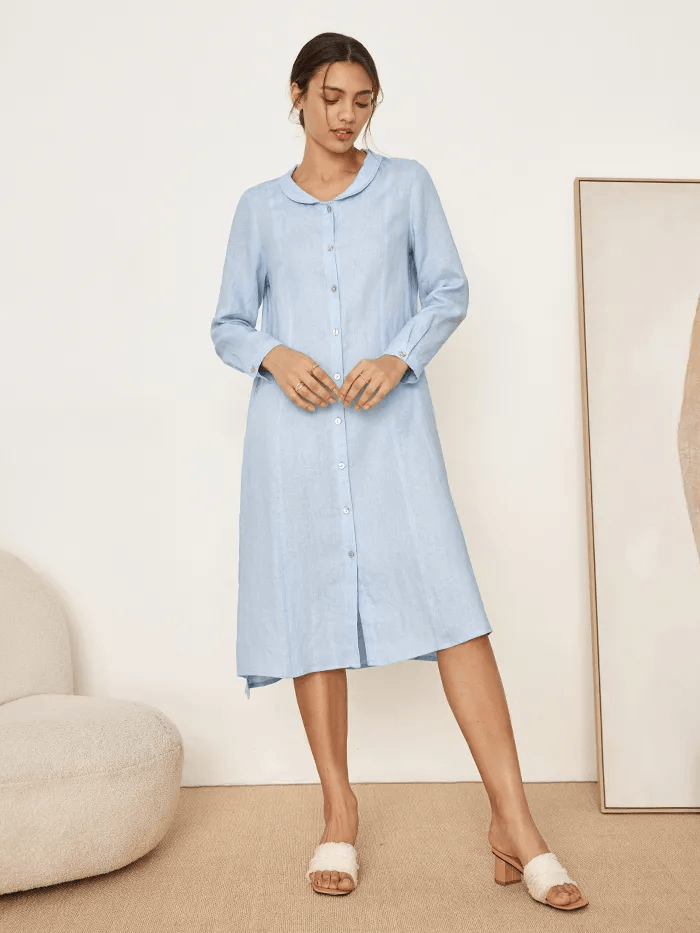 100% Linen Scoop Neck Half Placket Shirt Dress BELVA - DRESSES-Linen Midi