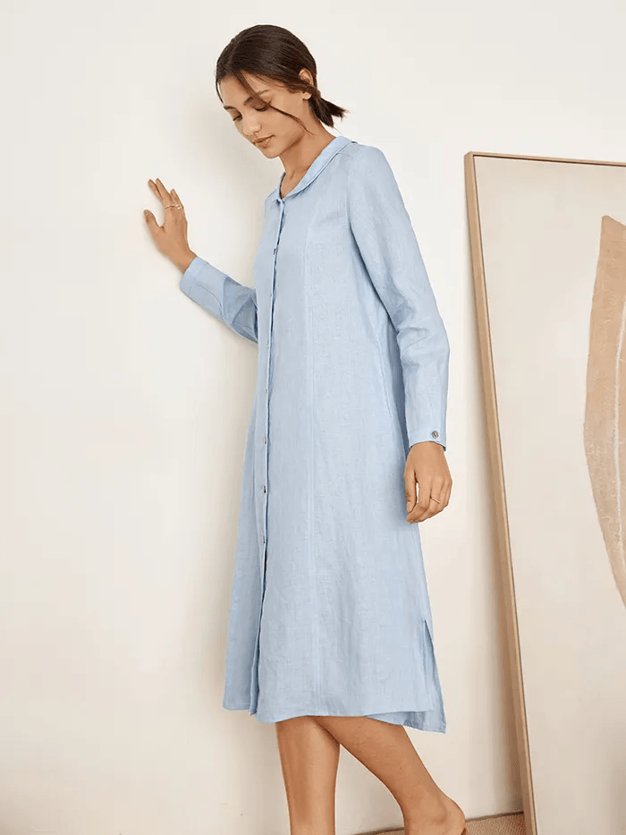 100% Linen Scoop Neck Half Placket Shirt Dress BELVA - DRESSES-Linen Midi