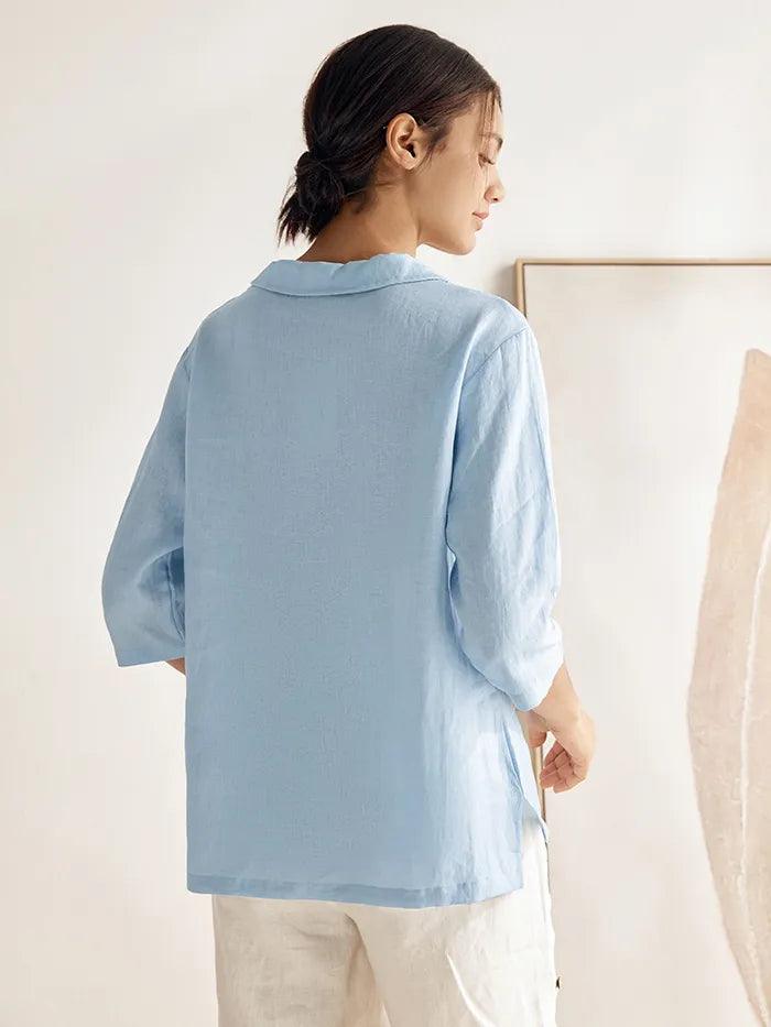 100% Linen Stripe Shawl V-Neck Half Sleeve Top - TOPS-Linen Blouses