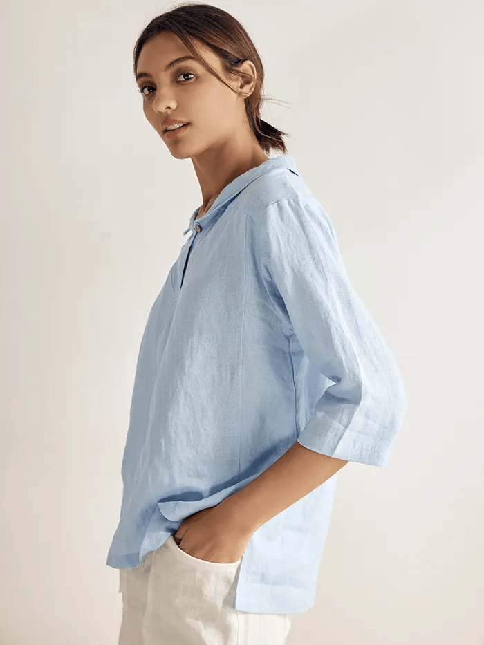 100% Linen Stripe Shawl V-Neck Half Sleeve Top - TOPS-Linen Blouses