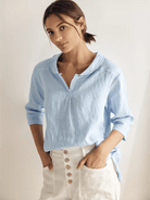 100% Linen Stripe Shawl V-Neck Half Sleeve Top - Baby Blue / S - TOPS-Linen Blouses