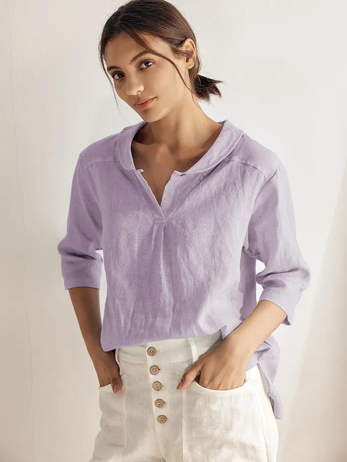 100% Linen Stripe Shawl V-Neck Half Sleeve Top - Lavender / S - TOPS-Linen Blouses