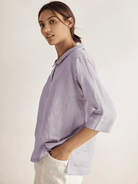 100% Linen Stripe Shawl V-Neck Half Sleeve Top - TOPS-Linen Blouses