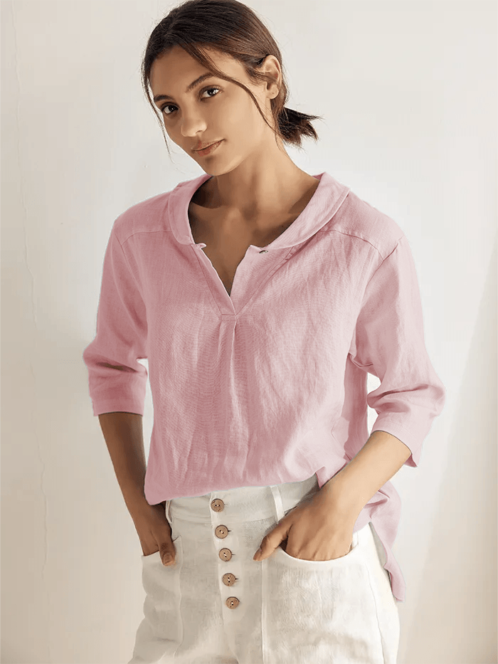 JADE 100% Linen Shawl V-Neck Half Sleeve Top - Pastel Pink / XS - TOPS-Linen Blouses