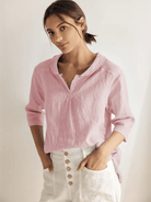 JADE 100% Linen Shawl V-Neck Half Sleeve Top - Pastel Pink / XS - TOPS-Linen Blouses