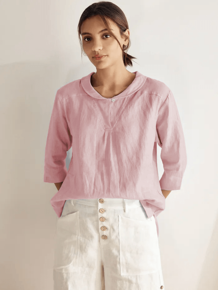 JADE 100% Linen Shawl V-Neck Half Sleeve Top - TOPS-Linen Blouses