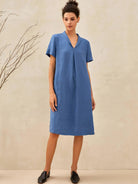 100% Linen Shawl V-Neck Midi Dress CLEO - DRESSES-Linen Mini