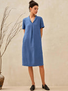 100% Linen Shawl V-Neck Midi Dress CLEO - DRESSES-Linen Mini