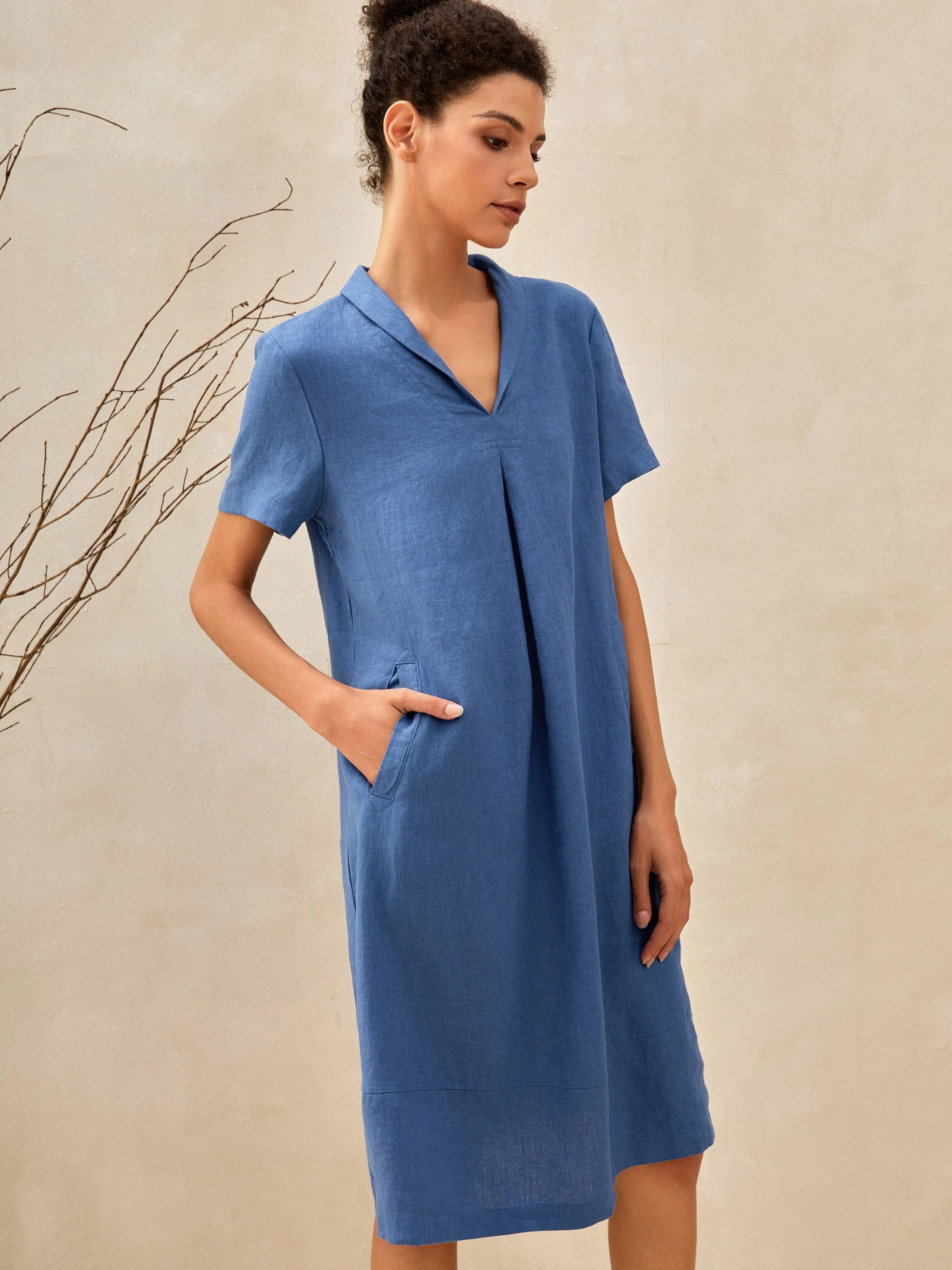 100% Linen Shawl V-Neck Midi Dress CLEO - DRESSES-Linen Mini
