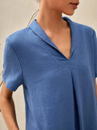 100% Linen Shawl V-Neck Midi Dress CLEO - DRESSES-Linen Mini