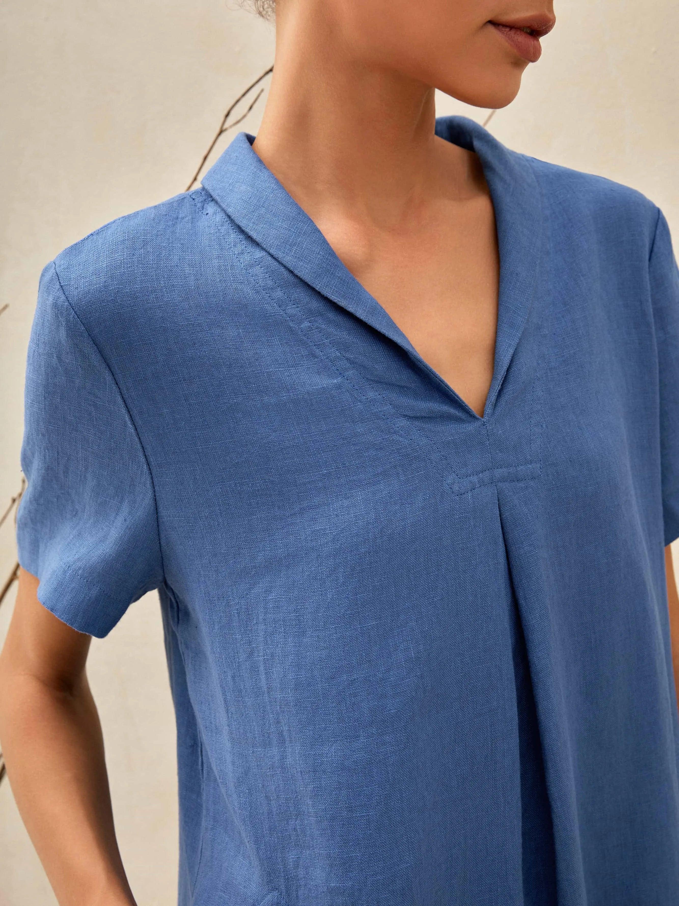 100% Linen Shawl V-Neck Midi Dress CLEO - DRESSES-Linen Mini