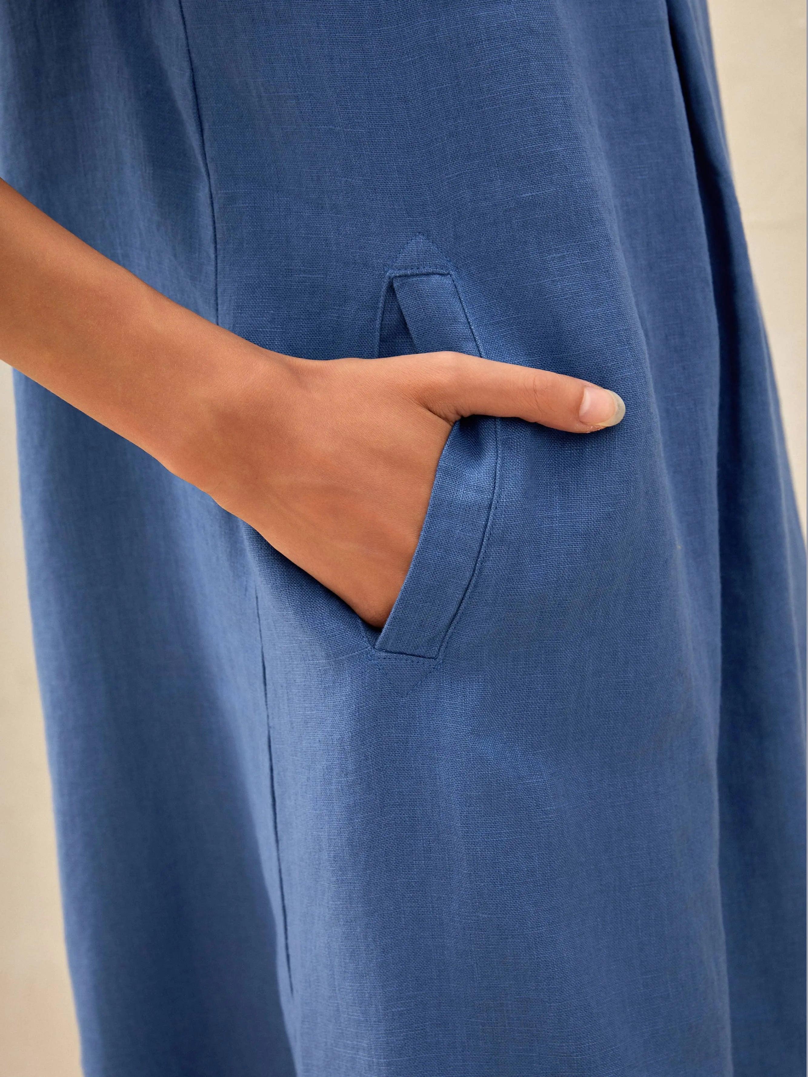 100% Linen Shawl V-Neck Midi Dress CLEO - DRESSES-Linen Mini