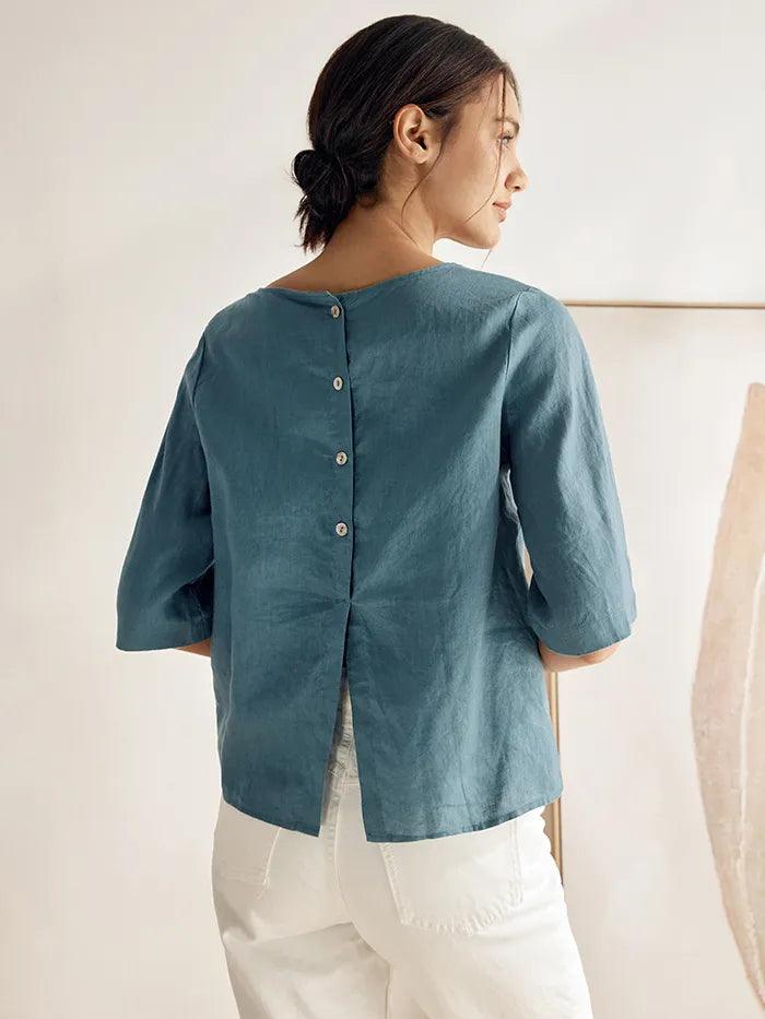 100% Linen Side-Tie Button-Back Boxy Top ELSIE - TOPS-Linen Blouses