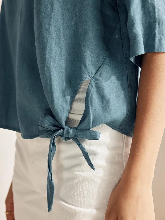 100% Linen Side-Tie Button-Back Boxy Top ELSIE - TOPS-Linen Blouses