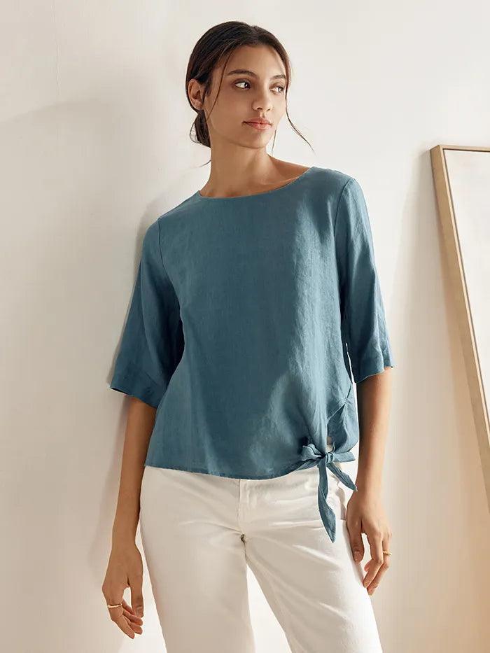 100% Linen Side-Tie Button-Back Boxy Top ELSIE - Steel Blue / XS - TOPS-Linen Blouses