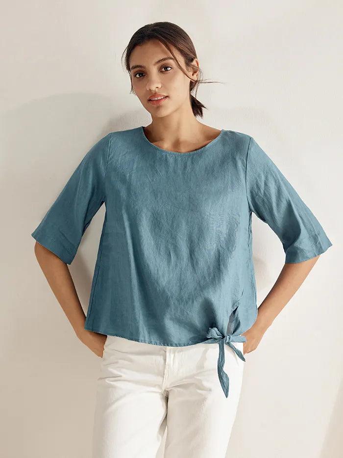 100% Linen Side-Tie Button-Back Boxy Top ELSIE - TOPS-Linen Blouses
