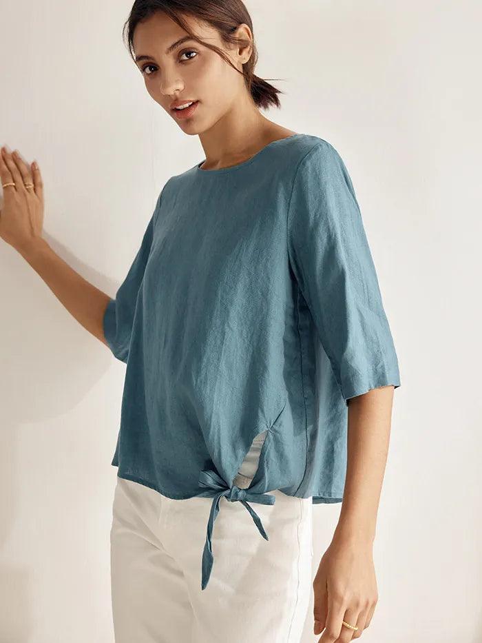 100% Linen Side-Tie Button-Back Boxy Top ELSIE - TOPS-Linen Blouses