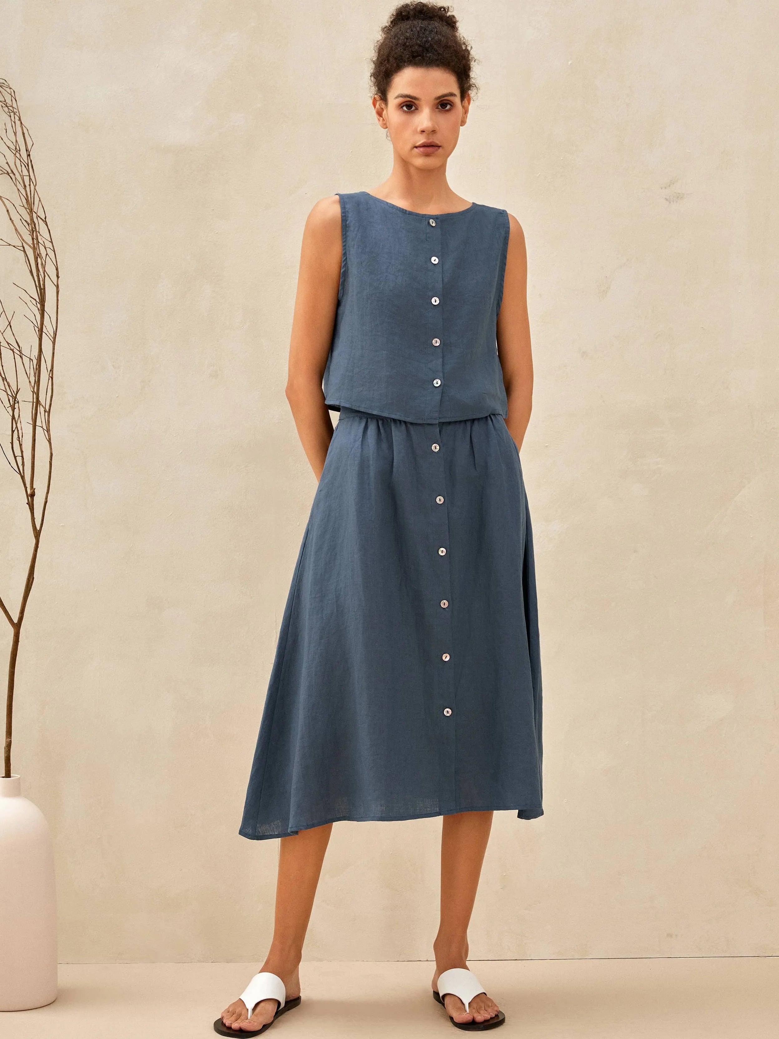 100% Linen Button Decorate Vest Naxi Skirts Set LUCIA - HARBOUR BLUE / S - SETS-Linen Sets