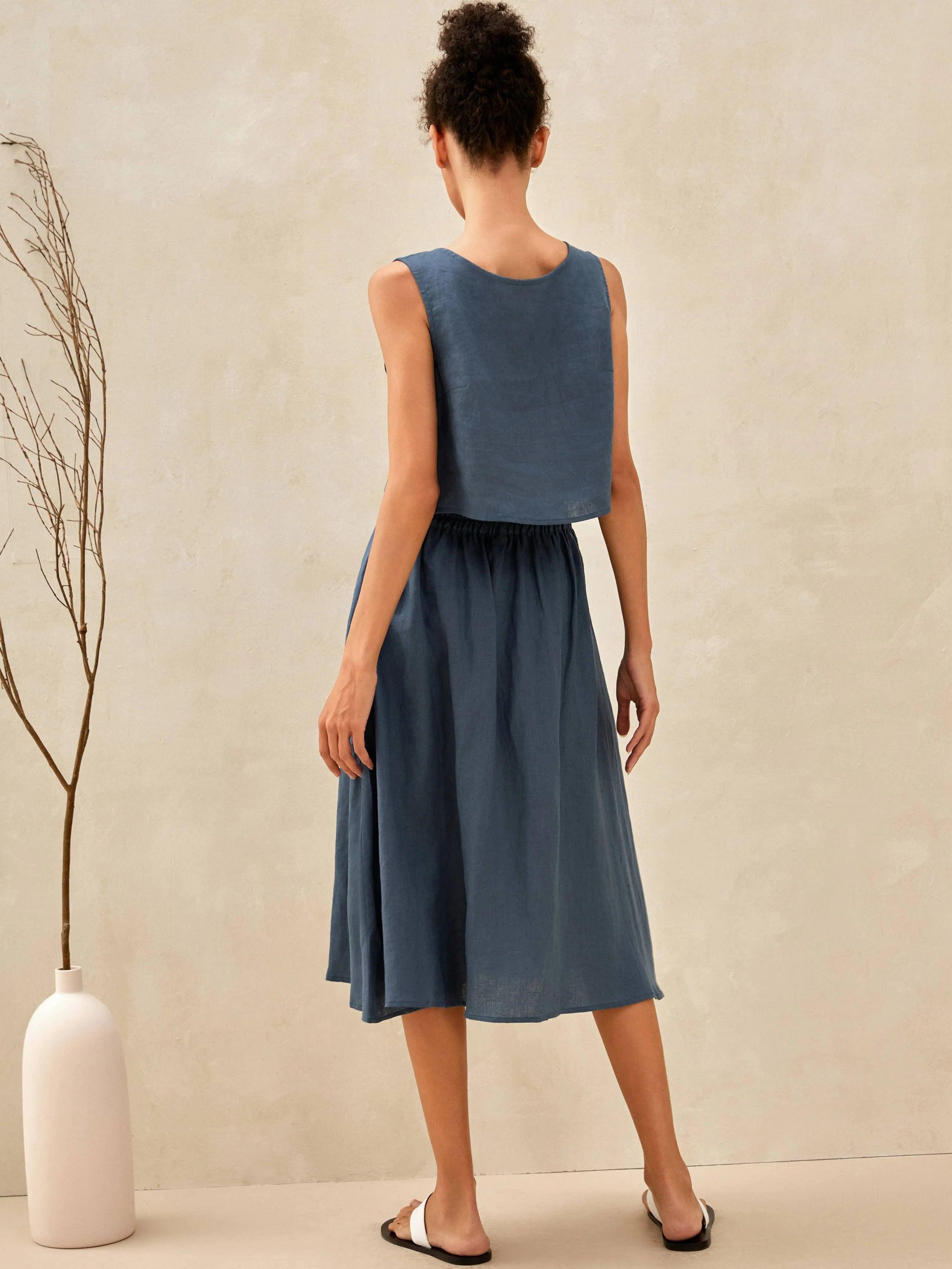 100% Linen Button Decorate Vest Naxi Skirts Set LUCIA - SETS-Linen Sets