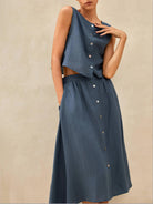 100% Linen Button Decorate Vest Naxi Skirts Set LUCIA - SETS-Linen Sets