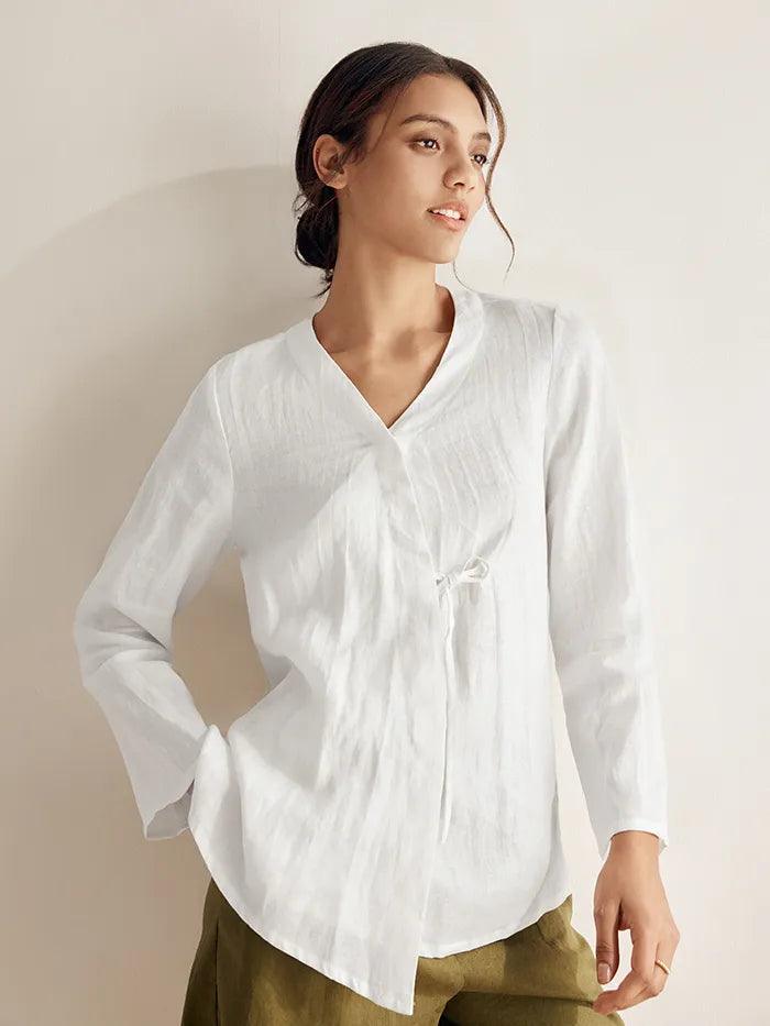 100% Linen Tie Cardigan Top DAKOTA - TOPS-Linen Blouses