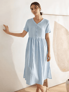 100% Linen V-Neck Gathered-Waist Dress - DRESSES-Linen Midi